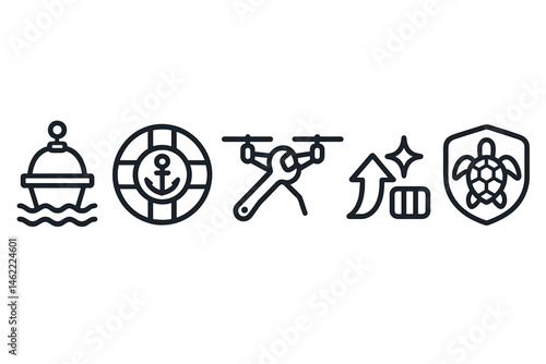 Buoy‑tech icons linking hub, ring, tool, star, bar, badge