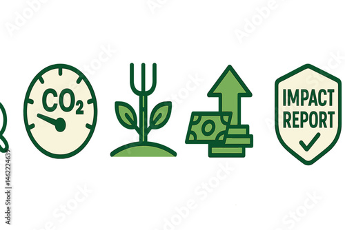 ESG‑finance icons linking wave, dial, fork, arrow, badge