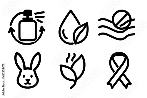 Perfume‑eco icons showing spritz, droplet, wave, bunny, petal, ribbon