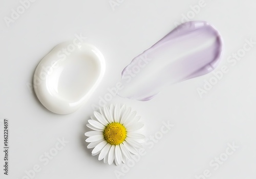 White and purple cream smears with a daisy flower on a clean bright background for skincare concept