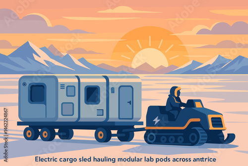 Flat polar‑logistics scene with e‑sled, lab pods, and golden ice