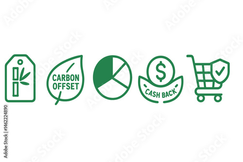 Eco‑finance icons linking tag, leaf, dial, coin, badge