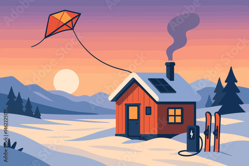 Flat polar‑tech scene with tethered kite, cabin lights, and e‑ski rack