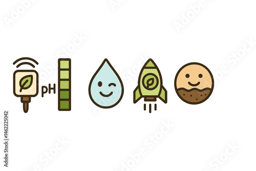 Garden‑IoT icons linking beacon, bar, droplet, rocket, badge, gauge