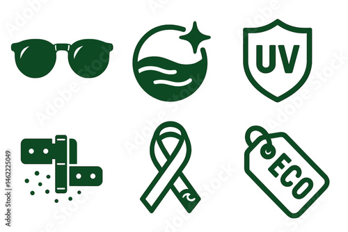 Sunglass‑eco icons linking bridge, shine, badge, hinge, ribbon, tag