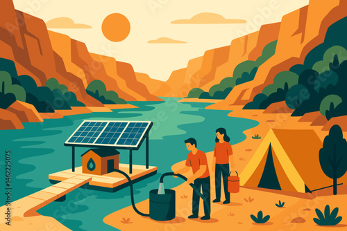 Flat blue‑tech scene with PV shade, refill taps, and red cliffs