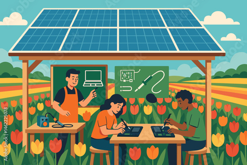 Flat circular‑tech scene with PV shade, solder benches, and colourful tulips