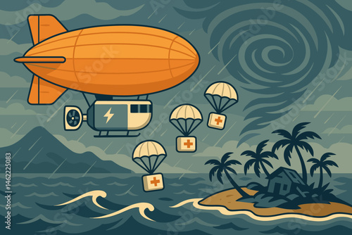 Flat aero‑aid scene with blimp parachutes, damaged huts, and storm clouds