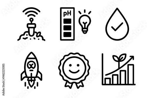 Smart‑garden icons linking beacon, ladder, droplet, rocket, badge, chart