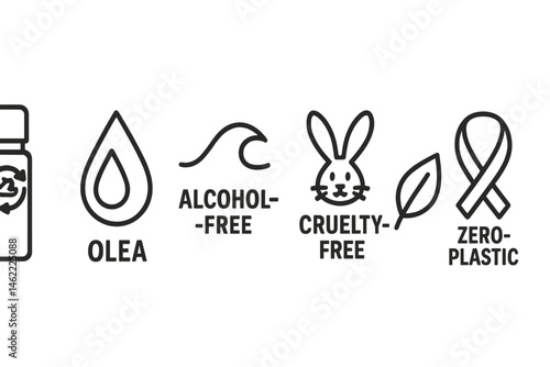Fragrance‑eco icons linking roller, drop, wave, bunny, leaf, ribbon
