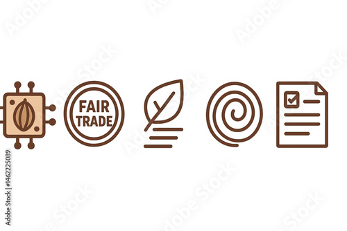 Cocoa‑trace icons merging chip, stamp, leaf, swirl, coin, ledger