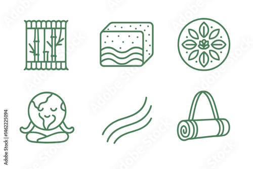 Yoga‑eco icons linking mat, block, mandala, badge, curve, loop