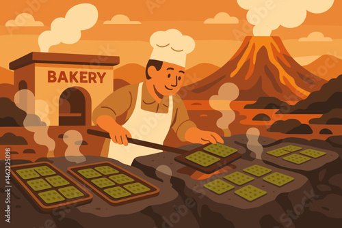 Flat food‑tech scene with cracker rows, steam vents, and magma glow