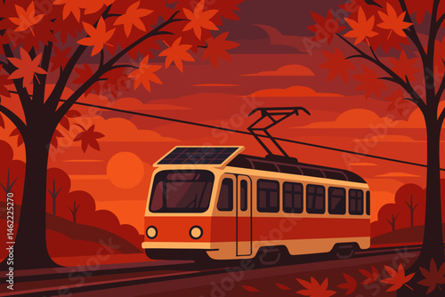 Flat clean‑mobility scene with PV tram, red leaves, and twilight boulevard