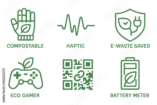 XR‑eco icons linking knit, wave, meter, shield, badge, link