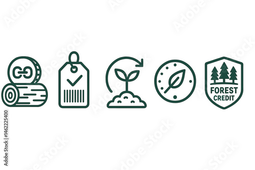 Timber‑trace icons linking coin, tag, arrow, dial, badge