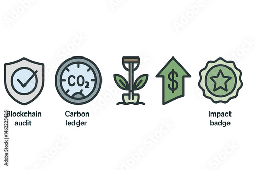 ESG‑finance icons merging shield, dial, spade, arrow, star
