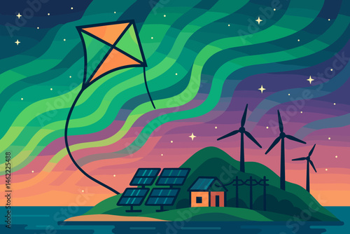 Flat island‑tech scene with tethered kite, battery hut, and green lights