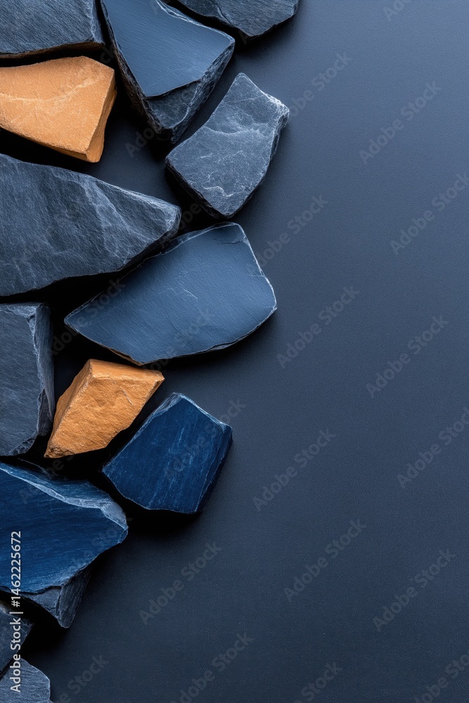 Mixed blue black and white plastic chips create a modern abstract epoxy floor design with a glossy texture