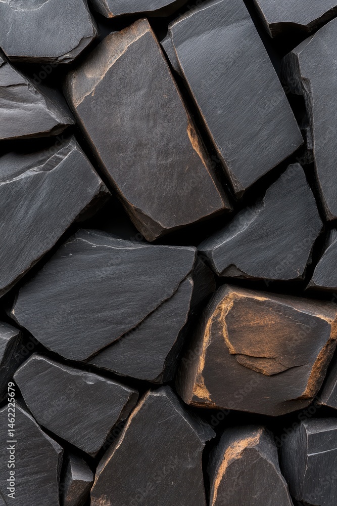 Rough black rock texture displaying intricate geological formations and abstract stone fragments for natural composition studies
