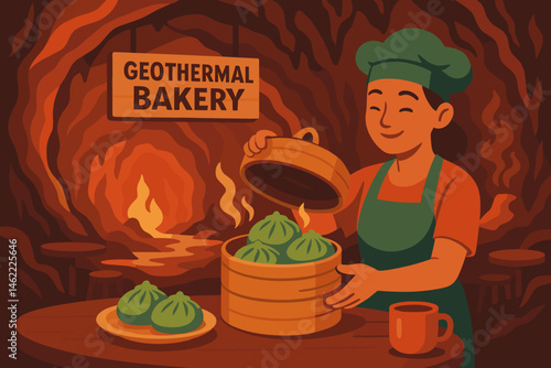 Flat food‑tech scene with green bao, steam vents, and rock tables