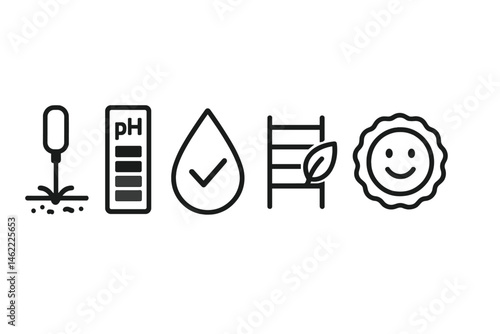 Garden‑IoT icons linking wand, stripe, droplet, ladder, badge, graph