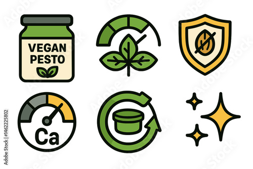 Pesto is the theme that ties together the eco icons of a jar, meter, shield, dial, arrow, and sparkle