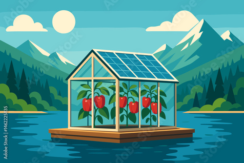 The flat agricultural scene is dotted with PV pontoons, pepper vines, and has blue peaks in the background