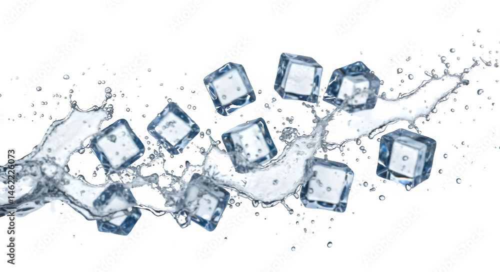 Crystal-clear ice cubes splash in a burst of refreshing water.