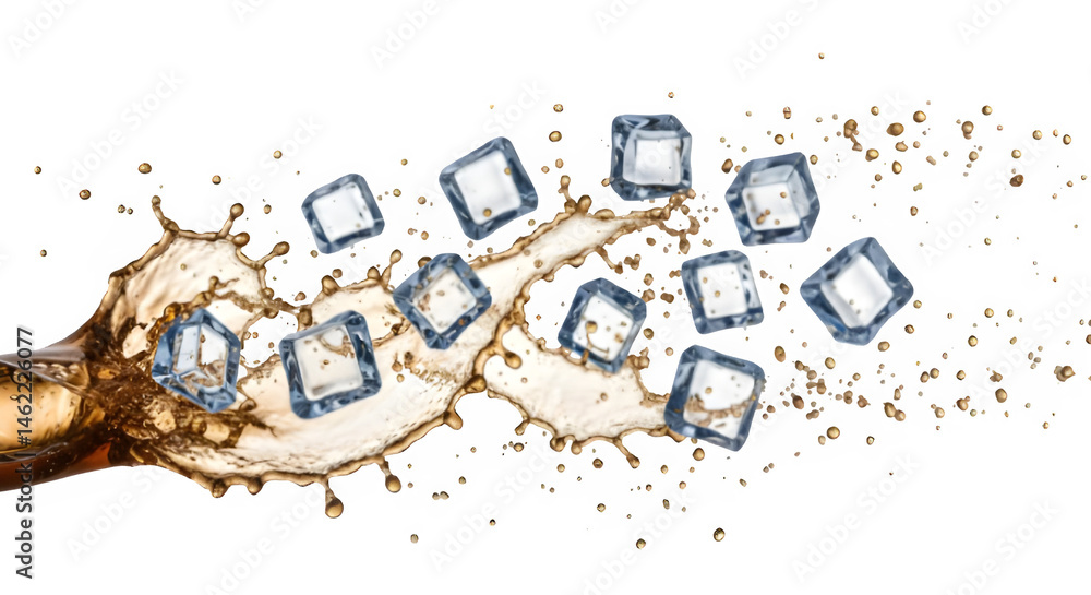 Ice cubes splashing into a cola drink, creating a dynamic, refreshing image.