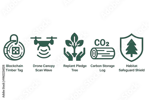 Forestry‑trace icons linking tag, wave, tree, log, shield