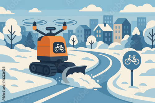 Flat winter‑mobility scene with drone plow, bike symbols, and snowy street