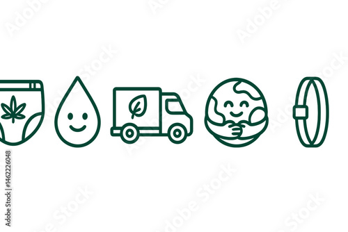 Diaper‑eco icons merging diaper, droplet, van, badge, coin, strap