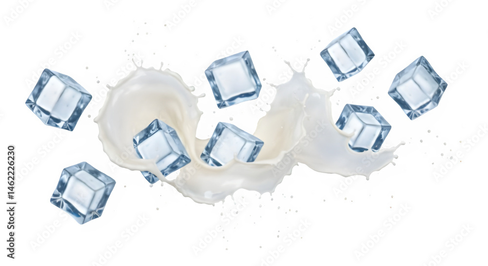 Ice cubes splashing in creamy milk. Refreshing!