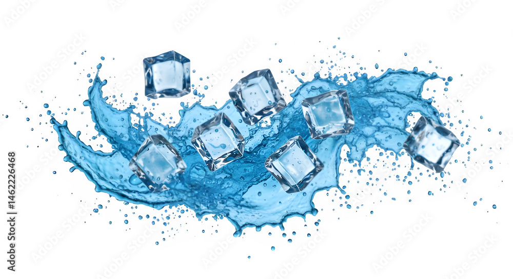 Refreshing ice cubes splashing in vibrant blue water. Perfect for summer drinks!
