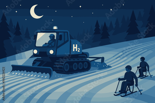 Flat winter‑sport scene with H₂ groomer, sit‑ski lanes, and floodlights