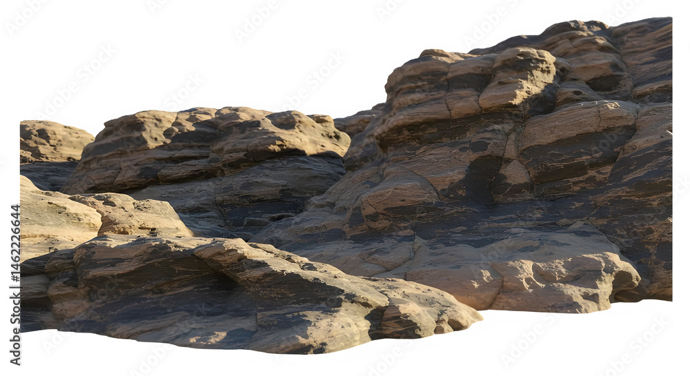 Striking rock formations in a desert landscape. Warm tones and shadows create a dramatic scene.