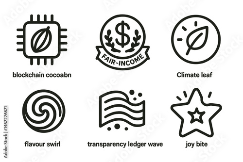 Icons representing cocoa-trace are connected to chip, badge, dial, swirl, wave, and star