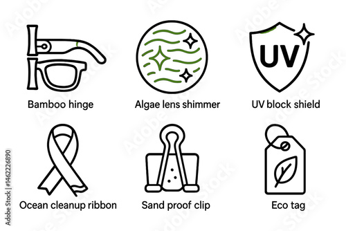 Icons representing eyewear with eco-friendly themes display hinge, shimmer, shield, ribbon, clip, and tag