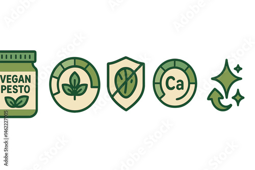 Icons representing eco-friendly concepts are symbolized by a jar, meter, shield, dial, arrow, and sparkle, all linked by pesto