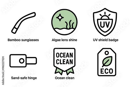 Icons for Sunglass-eco that are connected by arm, shine, badge, hinge, ribbon, and label