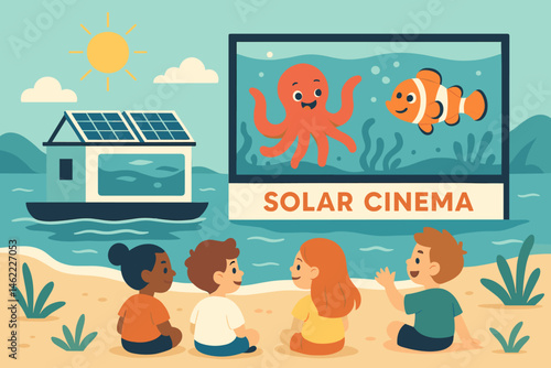 The scene is a flat, culture-green landscape featuring a PV screen barge, children, and a surfline
