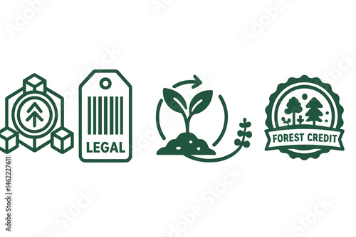 Icons representing timber-trace are connected by coin, tag, arrow, dial, and badge