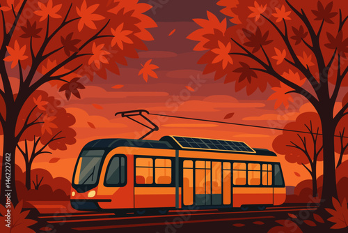 The scene depicts a flat and clean mobility setting featuring a PV tram, red leaves, and a twilight boulevard