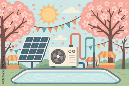 The scene is a flat, leisurely green area with a roof covered in photovoltaic panels, ice fans, skaters, and petals