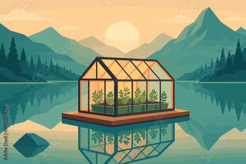 The ag-tech landscape is flat and features PV rafts, herb towers, and pastel peaks