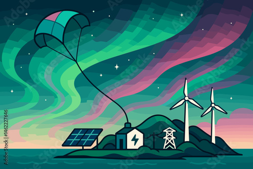 The island's tech scene is depicted as flat and features a kite tethered in place, a hut containing batteries, and an array of green lights
