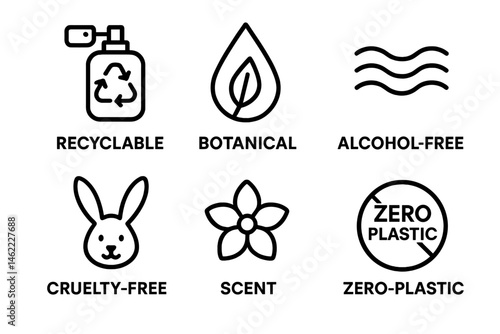 Icons representing fragrance and ecology are combining elements like spritz, drop, wave, bunny, petal, and label