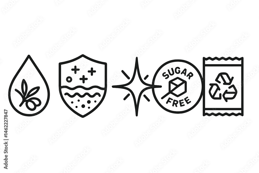 Fototapeta premium Icons representing Buckthorn health include images of a droplet, shield, flash, badge, and loop