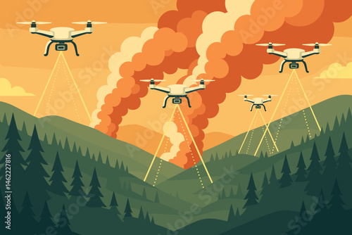 The scene depicts a flat fire-tech landscape featuring a drone grid, coloured plumes, and a forest floor